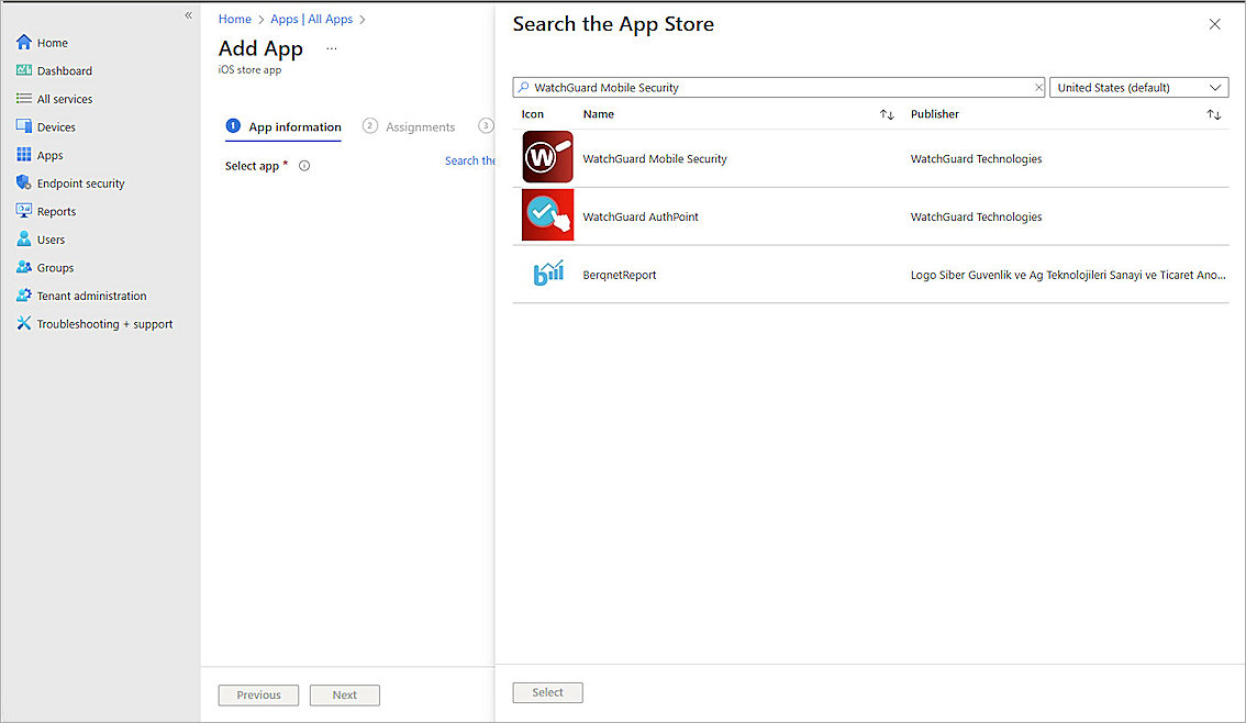 Screenshot of the Search and select App page in Intune